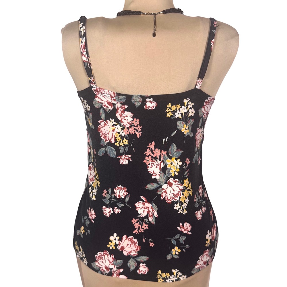 No Boundaries Floral Button Front Cami Tank Top Black Rose Print Juniors L 11-13 - Picture 5 of 10